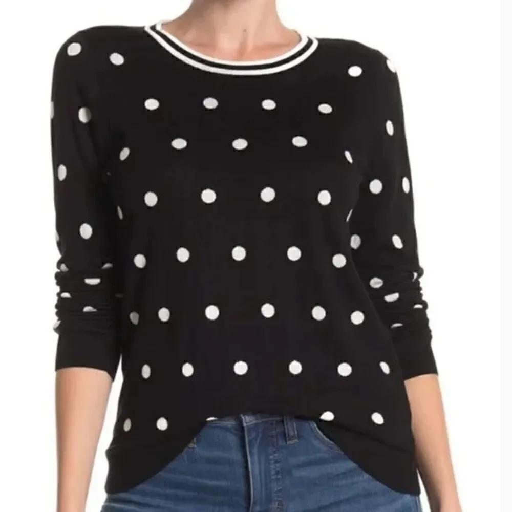 J. Crew Crewneck Pullover Sweater Jumper in Black Ivory Polka Dot Size S
